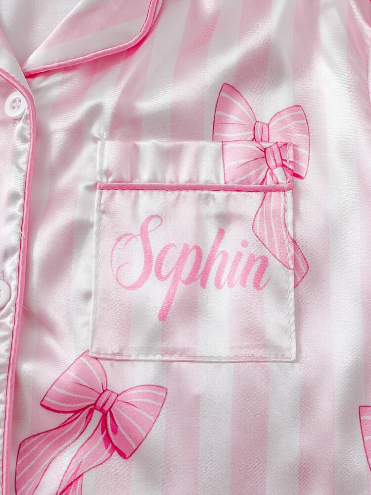 Tween Girl Bow & Striped Pattern Single-Breasted Top And Pants Loungewear Set - Pink - View 6