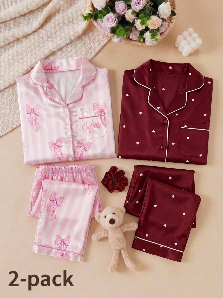 Tween Girl Bow & Striped Pattern Single-Breasted Top And Pants Loungewear Set - Pink - View 1