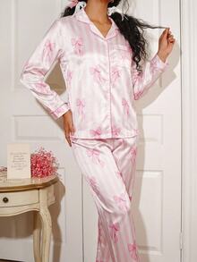Tween Girl Bow & Striped Pattern Single-Breasted Top And Pants Loungewear Set - Pink - View 2