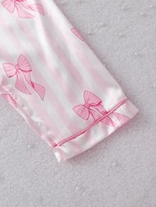 Tween Girl Bow & Striped Pattern Single-Breasted Top And Pants Loungewear Set - Pink - View 7
