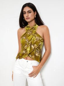 Maija ملابس علوية نسائية خضراء عشبية بأسلوب حضري عتيق لحفلات العطلات في الخريف/الشتاء مع عقدة وحافة مكشكشة وزينة من الراينستون - أخضر - مشاهدة 3