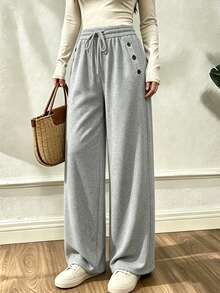 Modelyn Women's Solid Color Drawstring Waist Casual Comfy Versatile Daily Wear Sweatpants Airport Light Grey Fall‑Winter - Grey - View 4