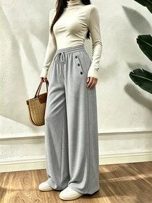 Modelyn Women's Solid Color Drawstring Waist Casual Comfy Versatile Daily Wear Sweatpants Airport Light Grey Fall‑Winter - Grey - View 6