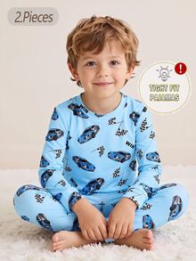 8 Sets Randomly Sent 1 Set]Boy's And Young Home Clothes Cute Racing Print Long Sleeve Pants Knit Snug Fit Pajamas Loungewear Autumn/Winter Soft Cozy - Multicolor - View 3