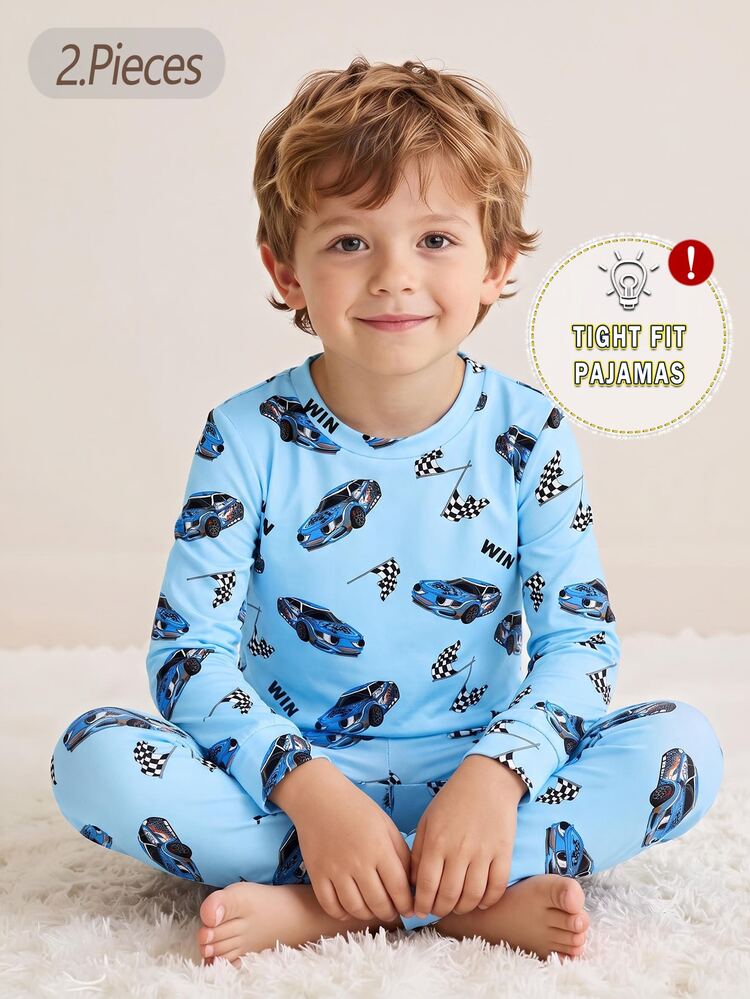 8 Sets Randomly Sent 1 Set]Boy's And Young Home Clothes Cute Racing Print Long Sleeve Pants Knit Snug Fit Pajamas Loungewear Autumn/Winter Soft Cozy - Multicolor - View 3