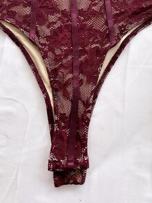 Soleia Plus Size Women's Lace Trim Casual Daily Strapless Bodysuit - Burgundy - View 5