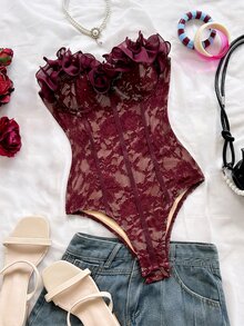 Soleia Plus Size Women's Lace Trim Casual Daily Strapless Bodysuit - Burgundy - View 1