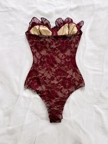 Soleia Plus Size Women's Lace Trim Casual Daily Strapless Bodysuit - Burgundy - View 2