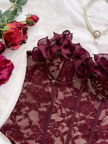 Soleia Plus Size Women's Lace Trim Casual Daily Strapless Bodysuit - Burgundy - View 4