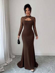 Elenzga Contrast Lace Cut Out Front Mermaid Hem Maxi Dress - Coffee Brown - View 4