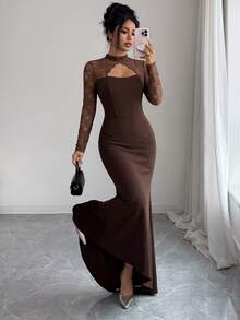 Elenzga Contrast Lace Cut Out Front Mermaid Hem Maxi Dress - Coffee Brown - View 2