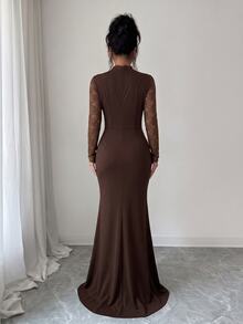Elenzga Contrast Lace Cut Out Front Mermaid Hem Maxi Dress - Coffee Brown - View 3