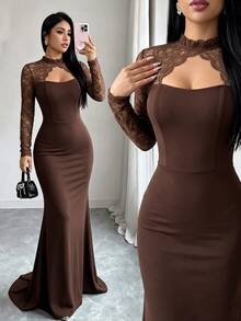 Elenzga Contrast Lace Cut Out Front Mermaid Hem Maxi Dress - Coffee Brown - View 1