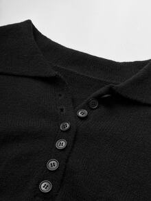 Maweii Plus Size Women's Knitted Dress With Ruffle Hem, Button Front And Turn-Down Collar, Fashionable - Black - View 8