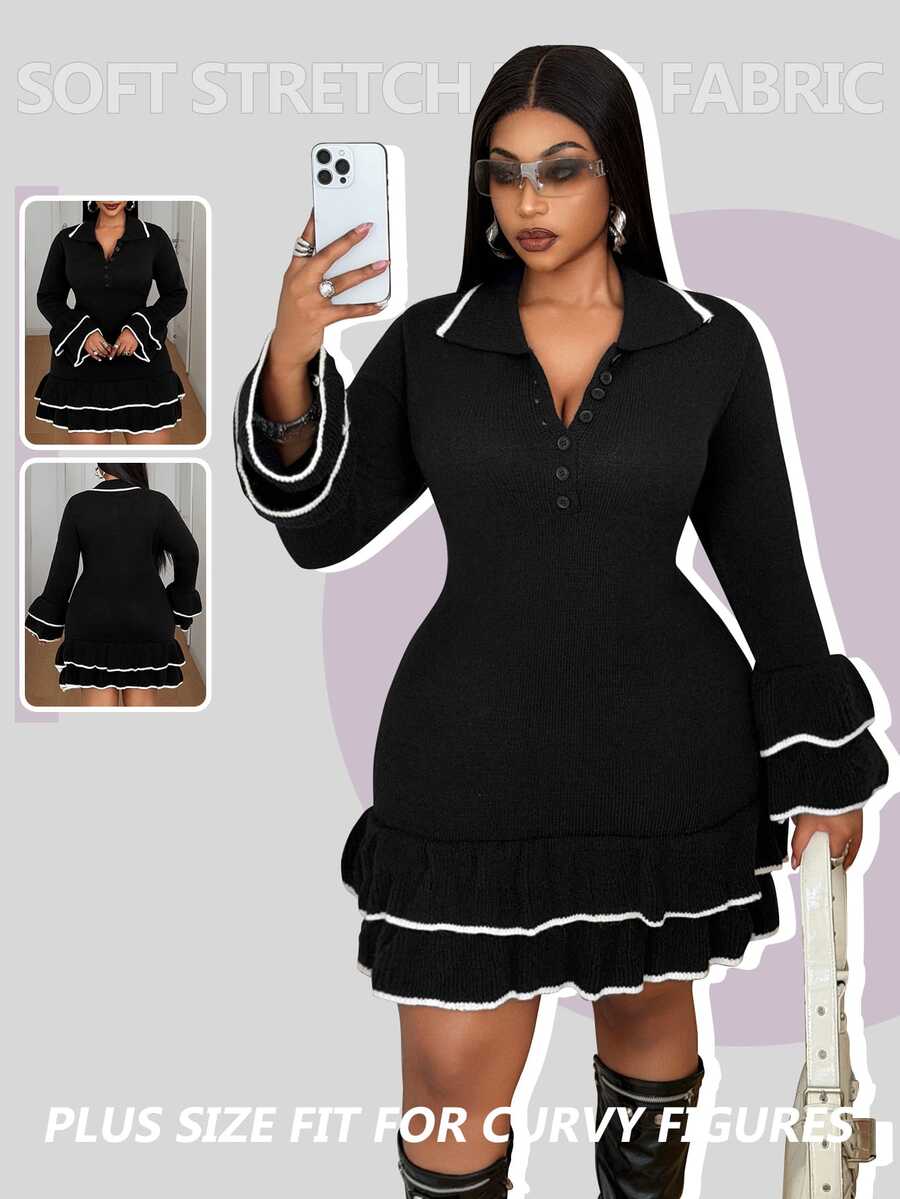 Maweii Plus Size Women's Knitted Dress With Ruffle Hem, Button Front And Turn-Down Collar, Fashionable