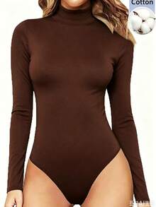 SHEIN 女款高領長袖修身連身衣 - 黑色 - 查看 3