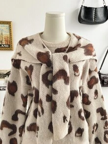 Soleia Autumn/Winter Casual Vintage Leopard Print Sweater Shawl 2 Pieces Set Travel Pink Leopard Print - Multicolor - View 7