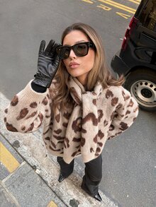 Soleia Autumn/Winter Casual Vintage Leopard Print Sweater Shawl 2 Pieces Set Travel Pink Leopard Print - Multicolor - View 4