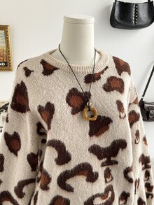 Soleia Autumn/Winter Casual Vintage Leopard Print Sweater Shawl 2 Pieces Set Travel Pink Leopard Print - Multicolor - View 8