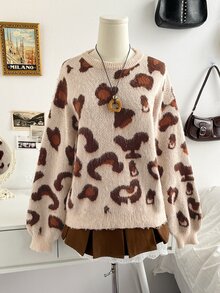 Soleia Autumn/Winter Casual Vintage Leopard Print Sweater Shawl 2 Pieces Set Travel Pink Leopard Print - Multicolor - View 10