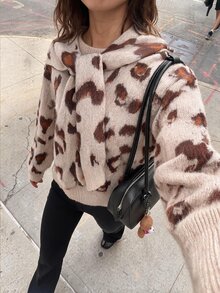 Soleia Autumn/Winter Casual Vintage Leopard Print Sweater Shawl 2 Pieces Set Travel Pink Leopard Print - Multicolor - View 3