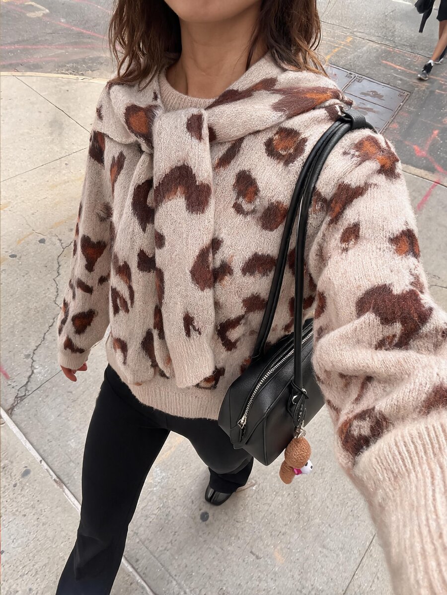 Soleia Autumn/Winter Casual Vintage Leopard Print Sweater Shawl 2 Pieces Set Travel Pink Leopard Print - Multicolor - View 1
