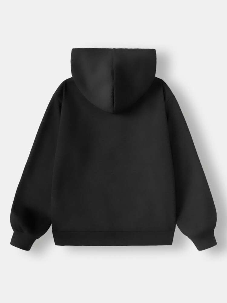 SHEIN CURVE+ Sweatshirt Lengan Panjang Longgar Berkerudung Gaya Minimalis Kasual Vintage Amerika untuk Wanita Ukuran Besar dengan Motif Huruf Inggris - Hitam - View 2