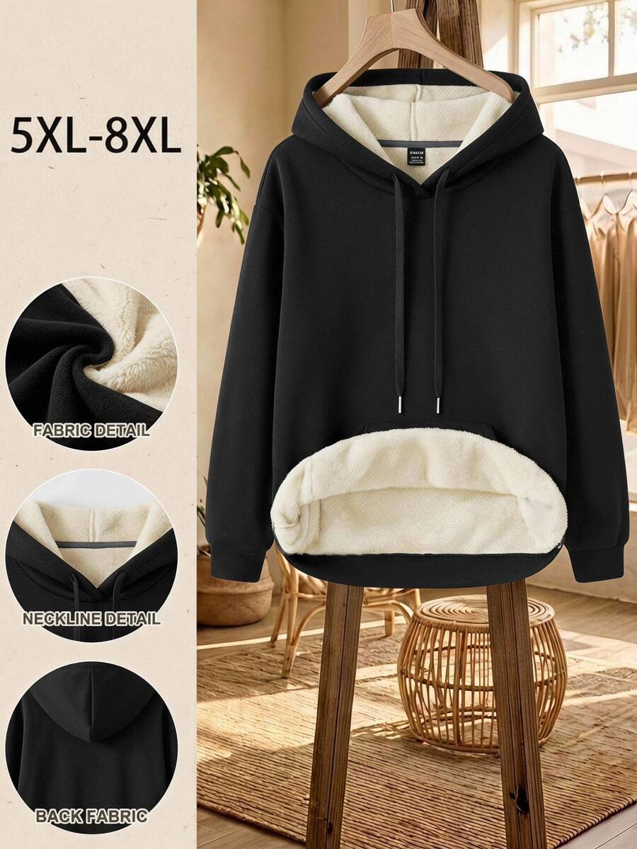 SHEIN CURVE+ 大尺碼女款休閒極簡美式復古英文字母印花連帽長袖寬鬆衛衣 - 黑色 - 查看 1