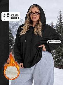SHEIN CURVE+ 大尺碼女款休閒極簡美式復古英文字母印花連帽長袖寬鬆衛衣 - 黑色 - 查看 10