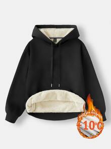 SHEIN CURVE+ 大尺碼女款休閒極簡美式復古英文字母印花連帽長袖寬鬆衛衣 - 黑色 - 查看 9