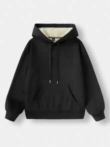 SHEIN CURVE+ 大尺碼女款休閒極簡美式復古英文字母印花連帽長袖寬鬆衛衣 - 黑色 - 查看 4