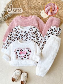 SHEIN 3套女嬰幼兒女童衛衣長褲套裝 甜美粉色白色豹紋蝴蝶結 毛絨長袖圓領加厚 派對冬季秋季毛絨款 - 彩色 - 查看 3
