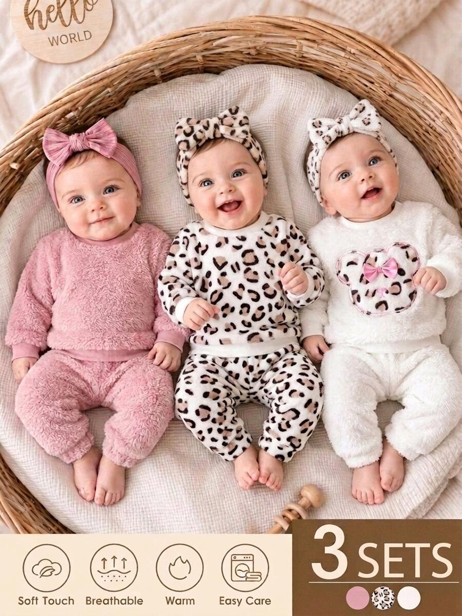 SHEIN 3套女嬰幼兒女童衛衣長褲套裝 甜美粉色白色豹紋蝴蝶結 毛絨長袖圓領加厚 派對冬季秋季毛絨款 - 彩色 - 查看 1