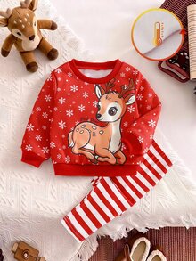 Baby Girl Christmas Reindeer Fleece Pullover Sweatshirt Leggings Set Autumn Winter Outfit - Red - View 4