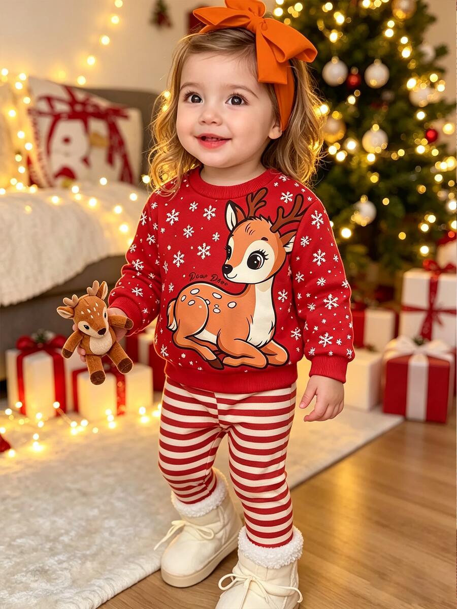 Baby Girl Christmas Reindeer Fleece Pullover Sweatshirt Leggings Set Autumn Winter Outfit - Red - View 1