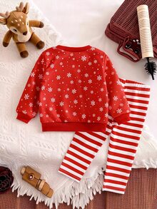 Baby Girl Christmas Reindeer Fleece Pullover Sweatshirt Leggings Set Autumn Winter Outfit - Red - View 2