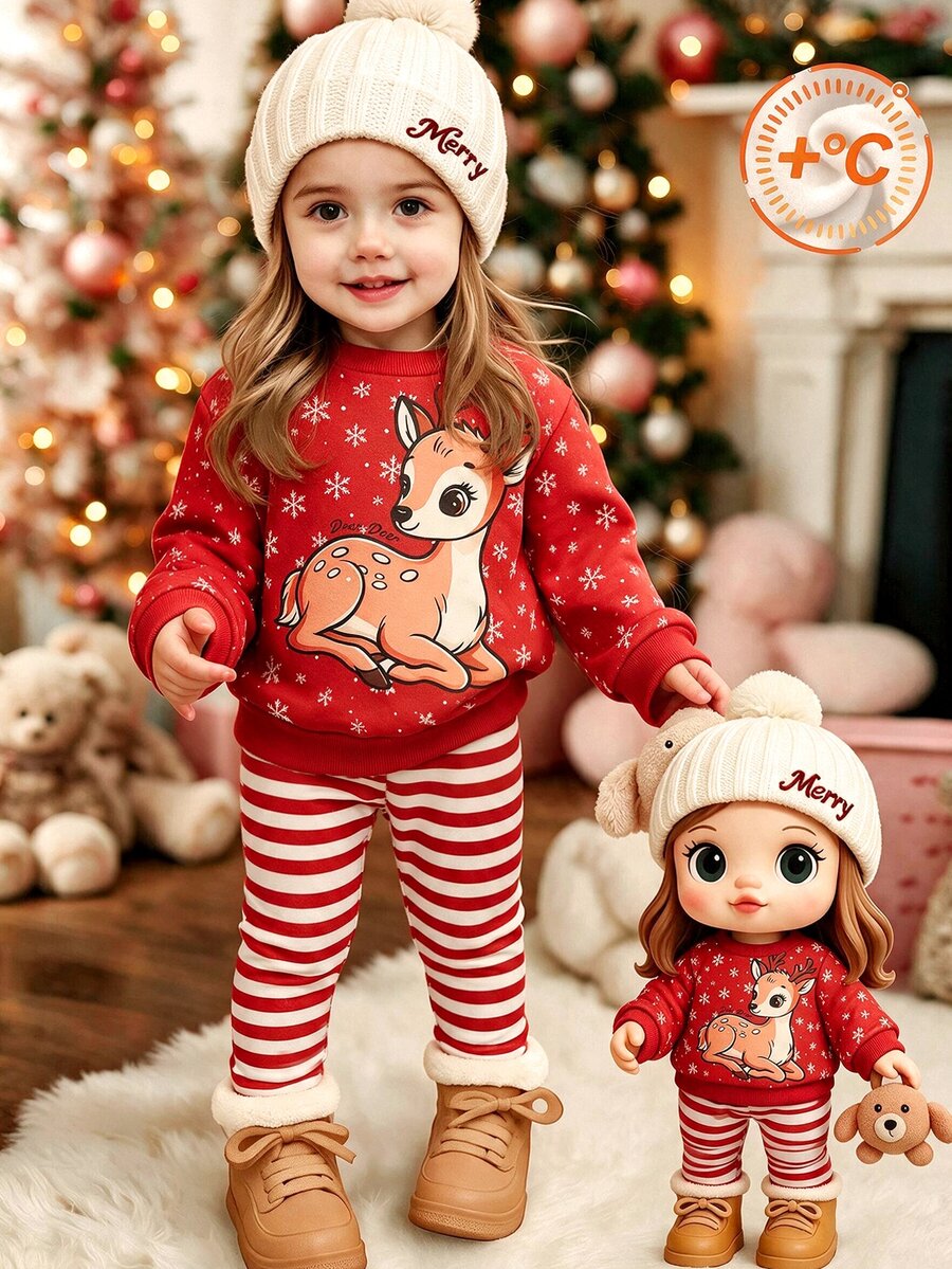 Baby Girl Christmas Reindeer Fleece Pullover Sweatshirt Leggings Set Autumn Winter Outfit - Red - View 1