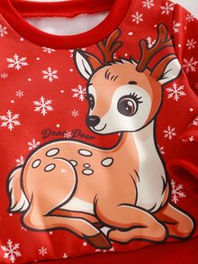 Baby Girl Christmas Reindeer Fleece Pullover Sweatshirt Leggings Set Autumn Winter Outfit - Red - View 6