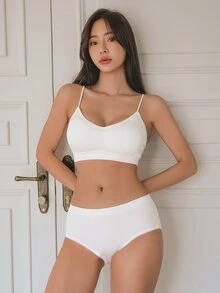 DAZY Women's Ribbed Cami Bralette And Triangle Panties Underwear Set,Back To School Clothes Lingerie For Women - White - View 1