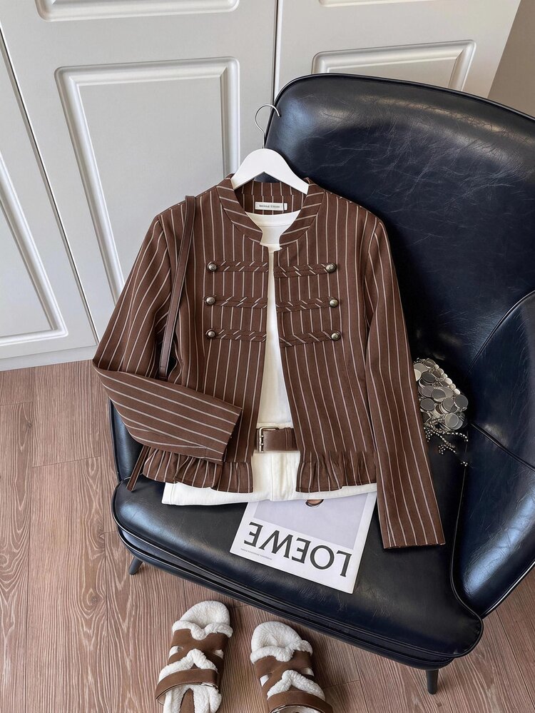 Serisse Women's Striped Casual Versatile Everyday Long Sleeve Jacket - Brown - View 10