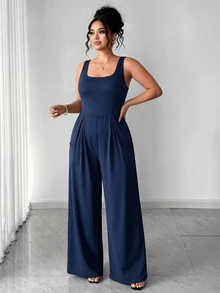 SHEIN Sports Women's Plus Size Solid Color Pleated Casual Daily Sports Jumpsuit - Royal Blue - View 6