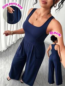 SHEIN Sports Women's Plus Size Solid Color Pleated Casual Daily Sports Jumpsuit - Royal Blue - View 1