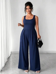 SHEIN Sports Women's Plus Size Solid Color Pleated Casual Daily Sports Jumpsuit - Royal Blue - View 4
