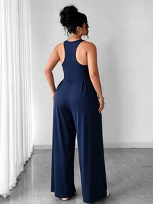 SHEIN Sports Women's Plus Size Solid Color Pleated Casual Daily Sports Jumpsuit - Royal Blue - View 3