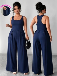 SHEIN Sports Women's Plus Size Solid Color Pleated Casual Daily Sports Jumpsuit - Royal Blue - View 2