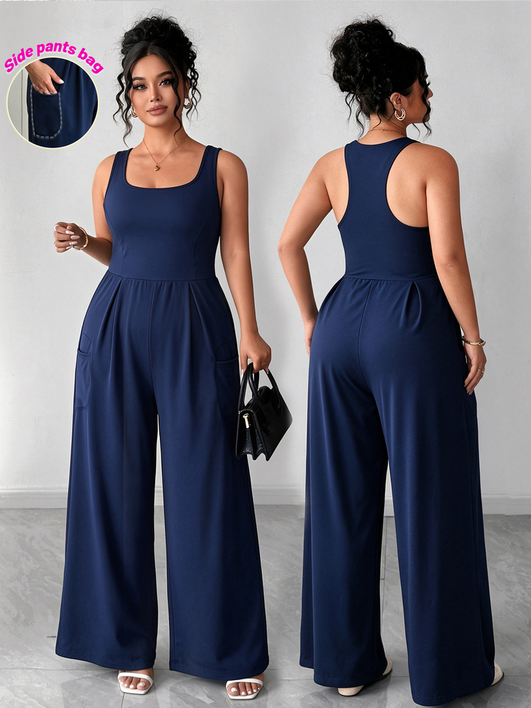 SHEIN Sports 女款大尺碼純色百褶休閒日常運動連身褲 - 寶藍色 - 查看 2