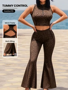 Rhythm Era Women's Seamless Plus Size Leopard Print Sports Set Tank Top Flare Pants Gym Sports Chocolate Brown Summer - Multicolor - View 3