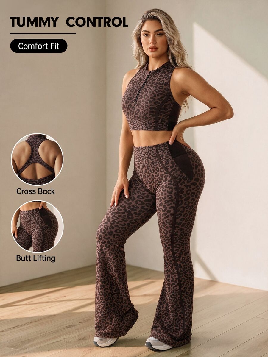 Rhythm Era Women's Seamless Plus Size Leopard Print Sports Set Tank Top Flare Pants Gym Sports Chocolate Brown Summer - Multicolor - View 1