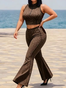Rhythm Era Women's Seamless Plus Size Leopard Print Sports Set Tank Top Flare Pants Gym Sports Chocolate Brown Summer - Multicolor - View 4