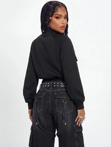 Gowayae Gowayae Sweatshirt Wanita Gaya Amerika dengan Kerah Tegak dan Resleting Setengah, Dilengkapi Kantong Kargo Fungsional dan Pinggang yang Dapat Dikencangkan - Hitam - View 4